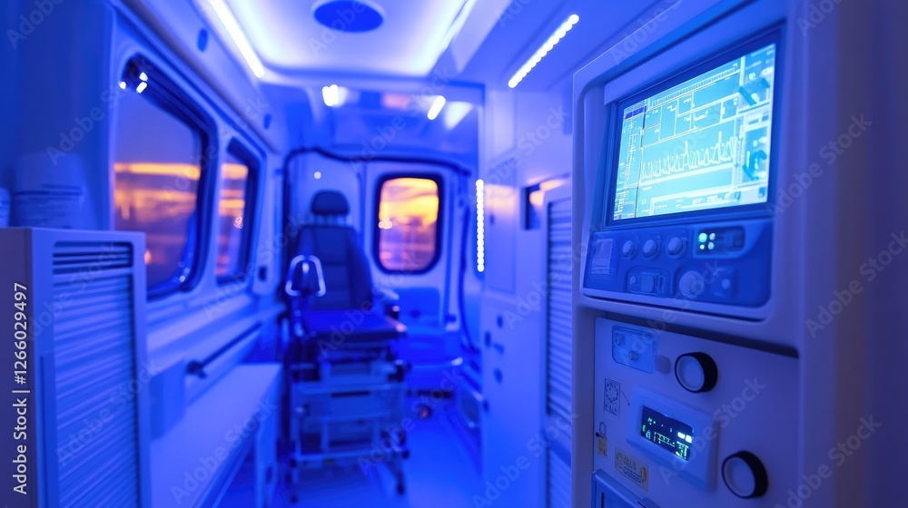 Obraz premium A compact emergency ventilator designed for field use, placed inside an ambulance.