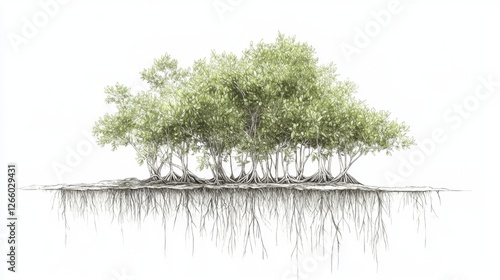 Mangrove forest roots, illustrative style, detailed roots, nature, isolated, white background, environmental, educational