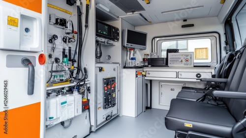 A compact emergency ventilator designed for field use, placed inside an ambulance.