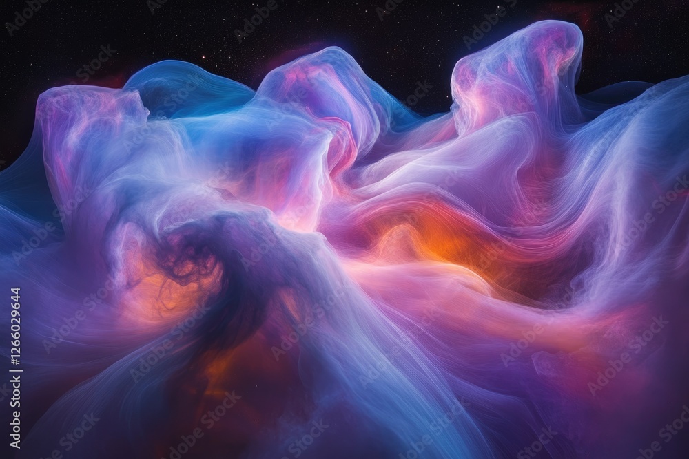 Abstract cosmic nebula, swirling vibrant colors of purple, blue, and orange in a dark space. Abstract cosmic nebula, swirling vibrant colors of purple, blue, and orange in a dark space.