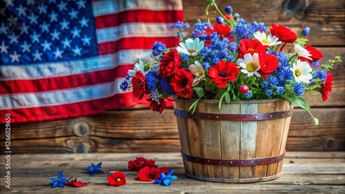 Fototapeta Naklejka Na Ścianę i Meble -  Patriotic 4th of July Flower Bucket Watercolor Clipart - Independence Day Decor