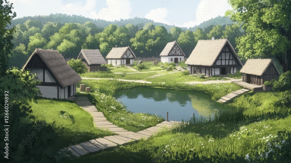 Medieval village pond, summer day, green landscape, idyllic scene, history illustration Medieval village pond, summer day, green landscape, idyllic scene, history illustration