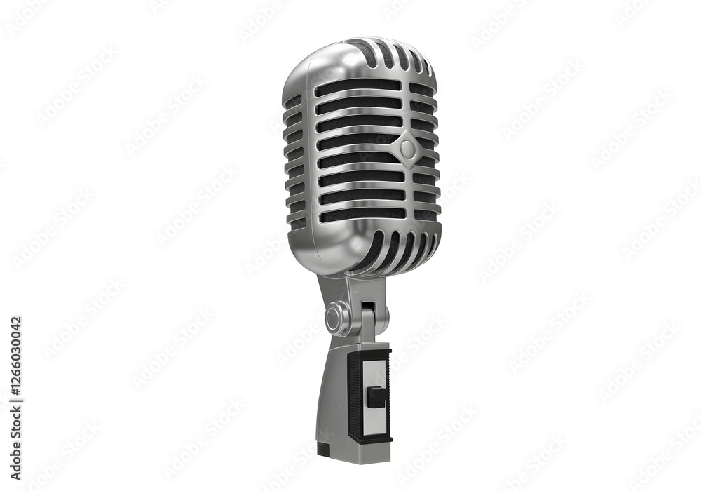 Fototapeta premium 3D blank microphone isolated on a white background, styled as a vintage radio microphone from the 1940s, with a polished chrome finish create with ai