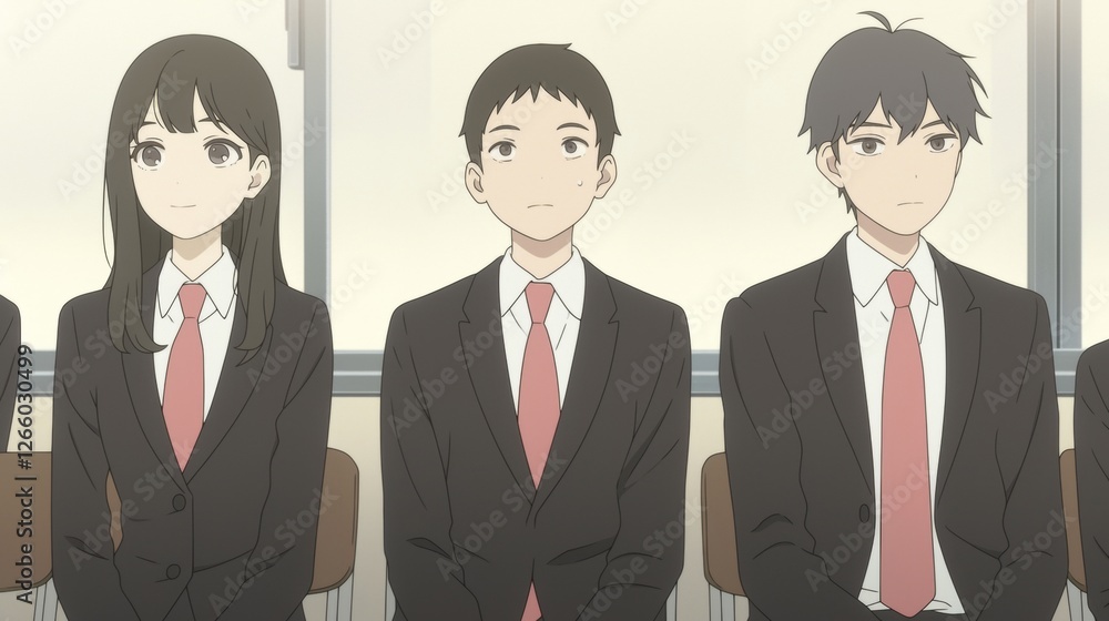 Three high school students dressed in formal attire are sitting attentively in a classroom, engaged in a lecture or presentation, absorbing knowledge and focusing on their education Three high school students dressed in formal attire are sitting attentively in a classroom, engaged in a lecture or presentation, absorbing knowledge and focusing on their education