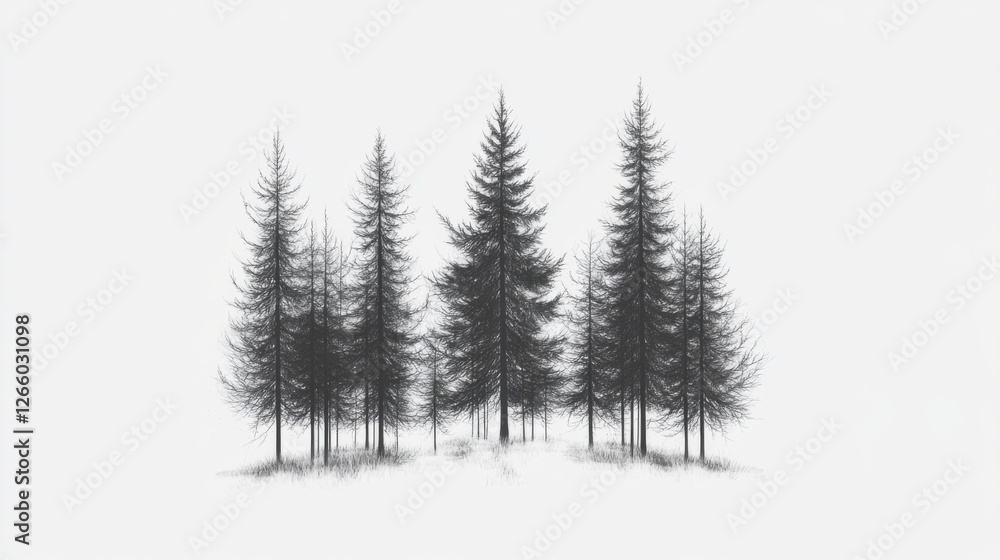 Obraz premium Monochrome drawing of pine trees in a forest, minimalist nature art for design