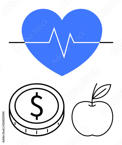 Blue heart with heartbeat line, dollar coin, and apple symbolizing health balance, financial stability, and lifestyle. Ideal for healthcare, wellness, fitness, finance self-care nutrition abstract