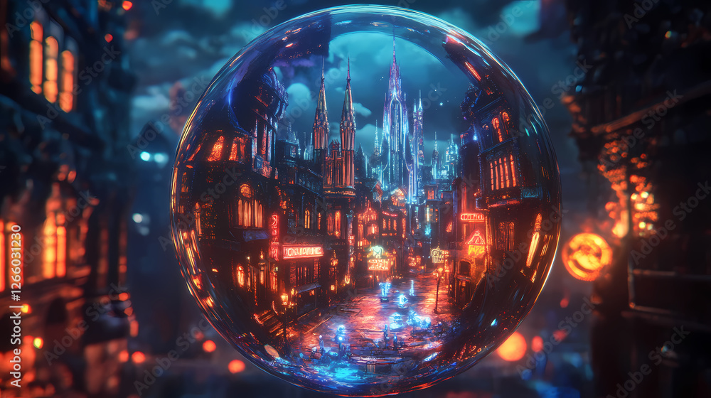 Enchanted glass sphere housing a gothic cityscape with spiky towers and winding streets. Haunted Neon Streets. Illustration Enchanted glass sphere housing a gothic cityscape with spiky towers and winding streets. Haunted Neon Streets. Illustration