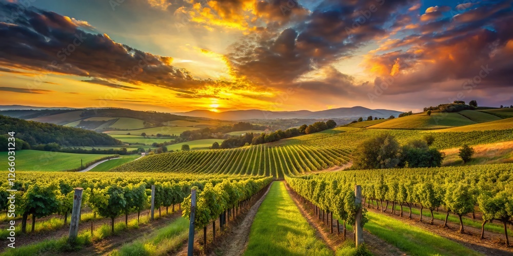 Fototapeta premium Picturesque Vineyard Sunset Landscape: Long Exposure Photography