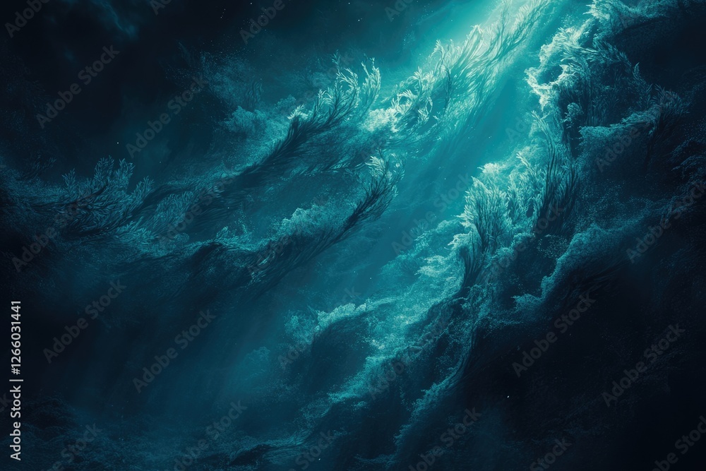 Fototapeta premium Ethereal underwater scene with vibrant teal hues, resembling otherworldly coral formations illuminated from above.