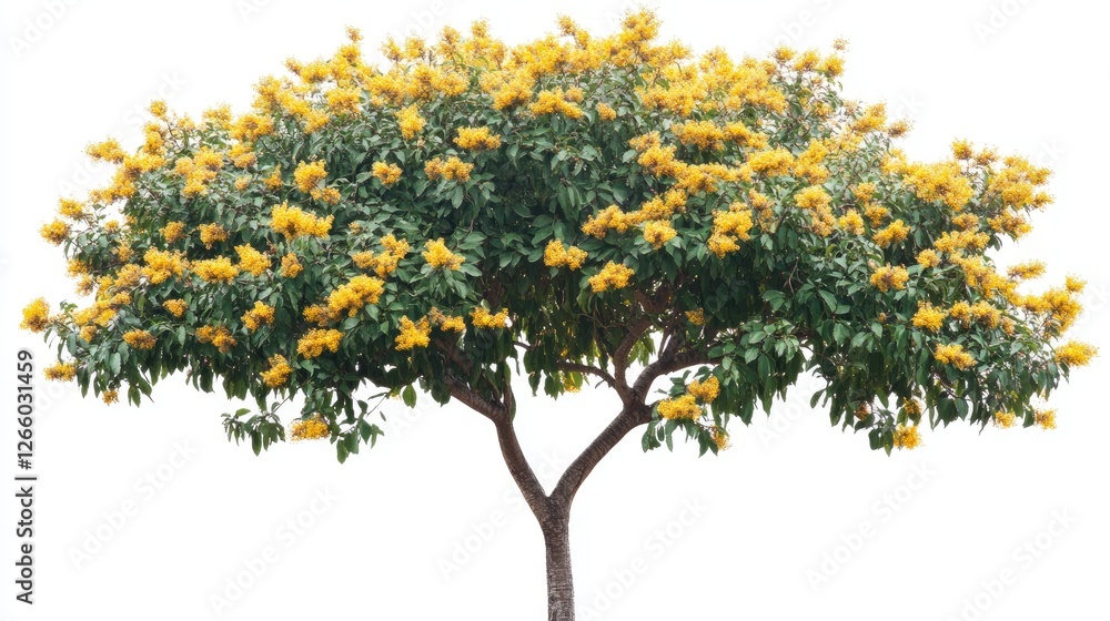 A fully grown champa tree with glossy green leaves and fragrant yellow flowers, against a white background. No people, no text. A fully grown champa tree with glossy green leaves and fragrant yellow flowers, against a white background. No people, no text.