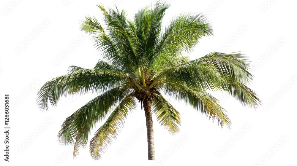 Fototapeta premium A fully matured coconut tree with long arching fronds and a few coconuts, against a white background. No people, no text.