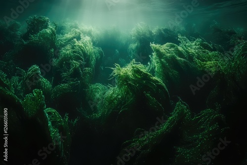 Submerged aquatic plants form ethereal underwater landscape, illuminated by sunlight filtering through the water. photo