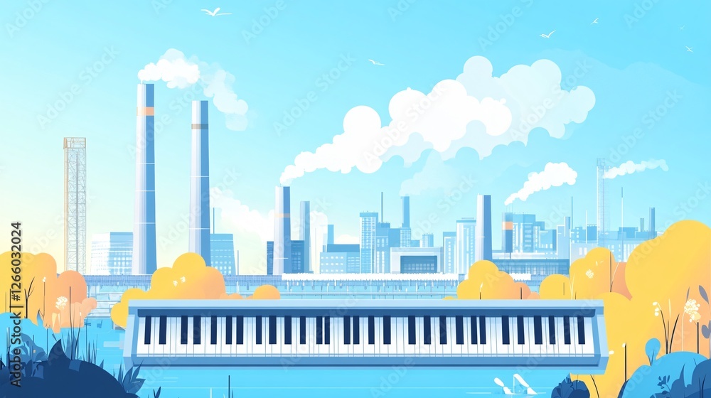 Obraz premium Industrial Landscape with Chimneys, Keyboard Flat Design