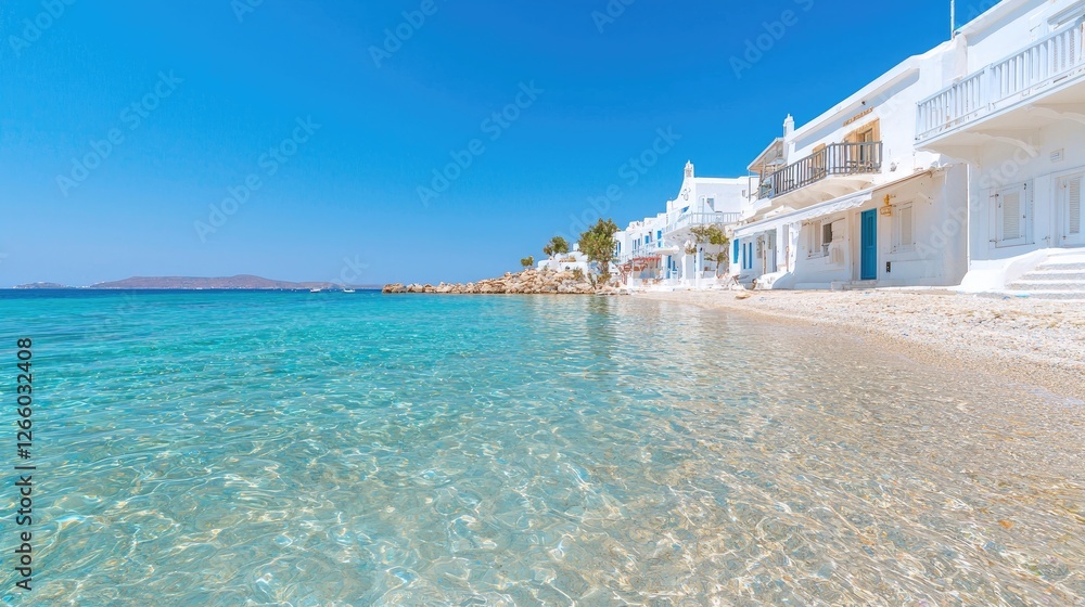 Obraz premium Aegean Sea coastal village, clear water, white houses, summer vacation travel