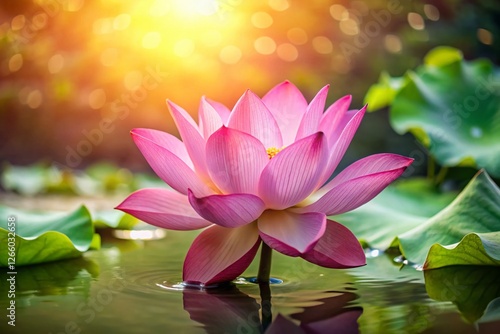 Pink Lotus Flower Blooming in Water, Copy Space Right, Serenity, Nature Background