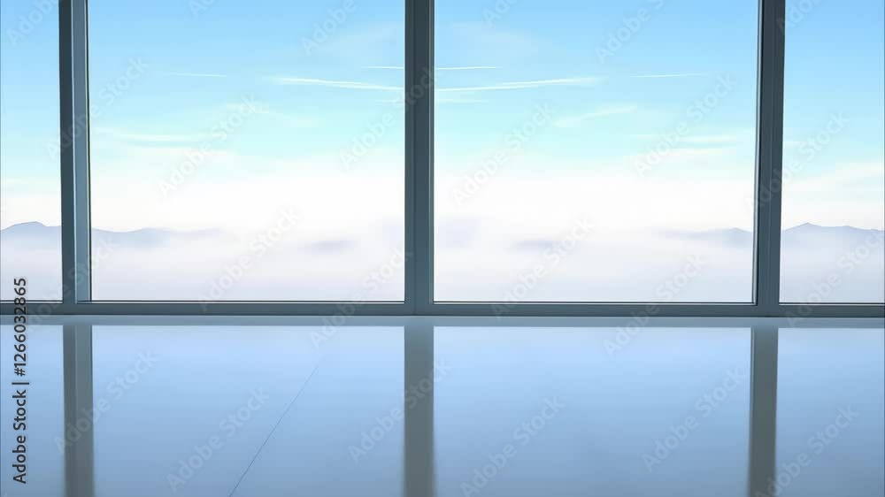 A bright, spacious interior with large windows showcasing a clear sky and mountains in the distance. A bright, spacious interior with large windows showcasing a clear sky and mountains in the distance.