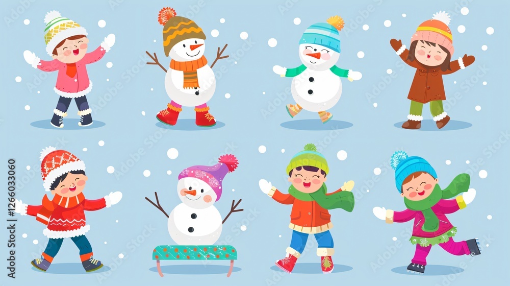 Children Winter Activities Isolated White Background Children Winter Activities Isolated White Background