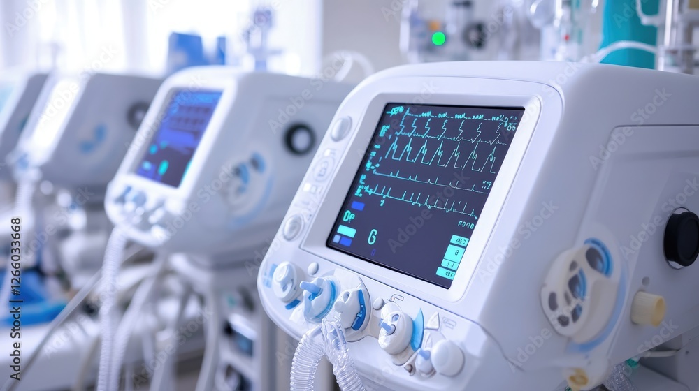 A high-tech ventilator with a modern UI, displaying waveforms and patient lung capacity measurements. A high-tech ventilator with a modern UI, displaying waveforms and patient lung capacity measurements.