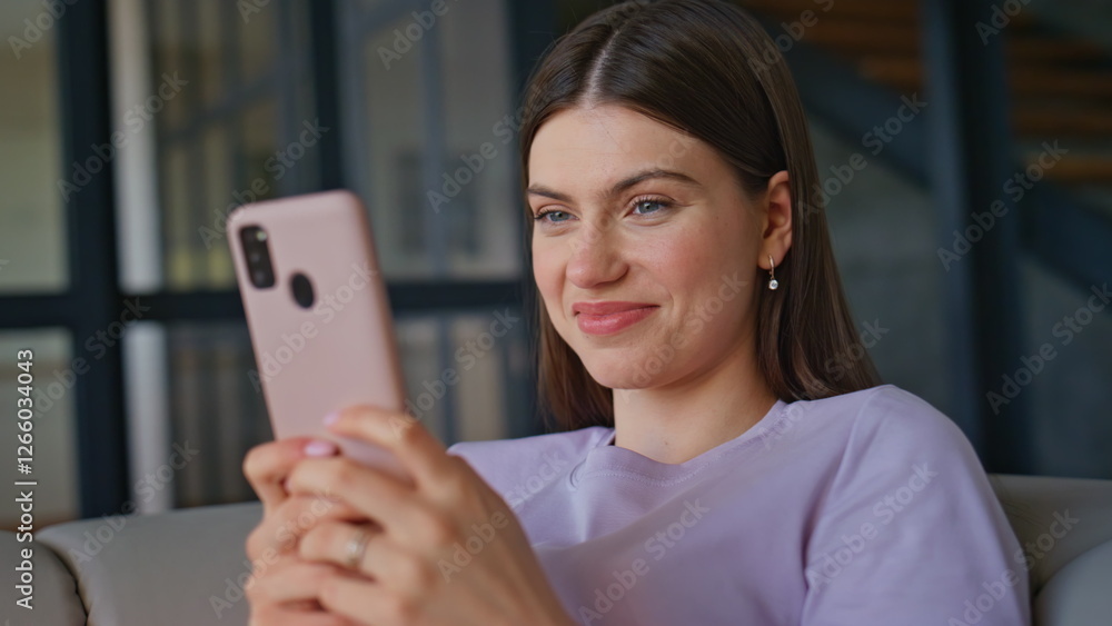 Home girl creating message cellphone at apartment closeup. Lady shopping online Home girl creating message cellphone at apartment closeup. Lady shopping online