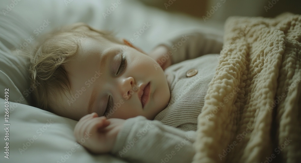 baby sleeping on the bed, wearing light gray and a beige blanket, close-up shot of the face, white background baby sleeping on the bed, wearing light gray and a beige blanket, close-up shot of the face, white background