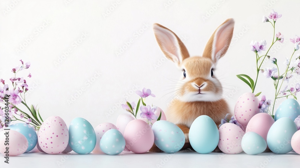 Cute rabbit surrounded by Easter eggs and fresh green leaves, symbolizing spring and renewal. Cute rabbit surrounded by Easter eggs and fresh green leaves, symbolizing spring and renewal.