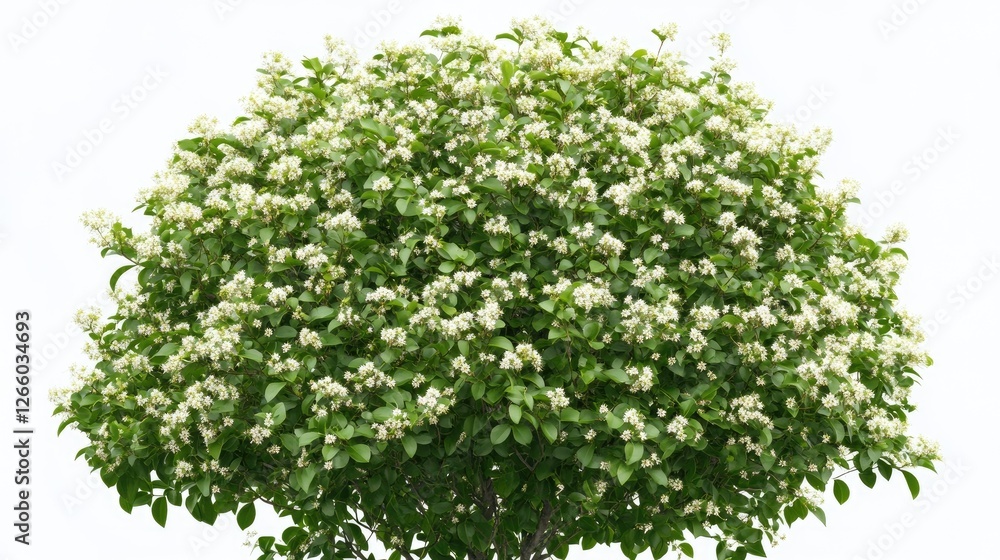 A lush night-flowering jasmine harsingar tree with tiny white flowers, against a white background. No people, no text. A lush night-flowering jasmine harsingar tree with tiny white flowers, against a white background. No people, no text.