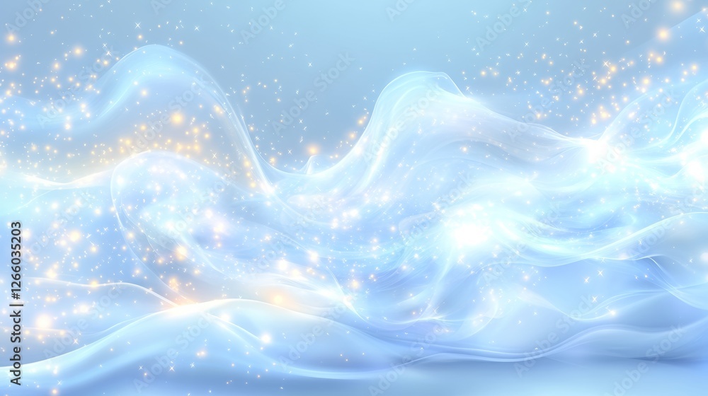 Obraz premium Elegant abstract background with soft flowing waves of light blue and white, sparkling with golden particles. A dreamy, magical visual perfect for winter, fantasy, or ethereal design themes.