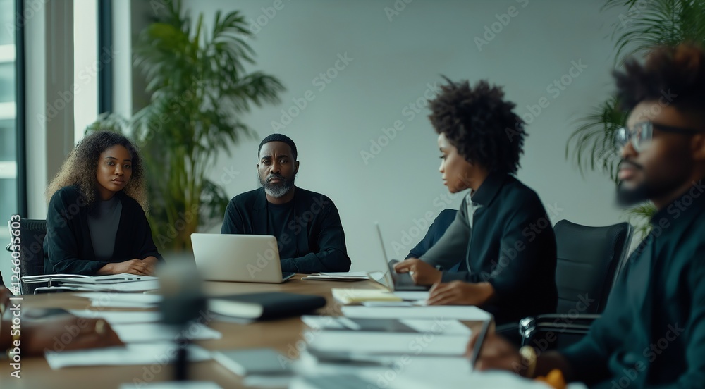 Obraz premium Teamwork and Collaboration: A diverse team of business professionals engage in a productive discussion around a conference table in a modern office setting.