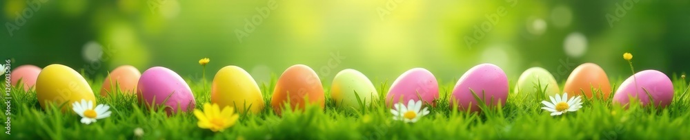 Vibrant Easter egg hunt scene with eggs in various colors on a grassy field, nature, landscape, green Vibrant Easter egg hunt scene with eggs in various colors on a grassy field, nature, landscape, green