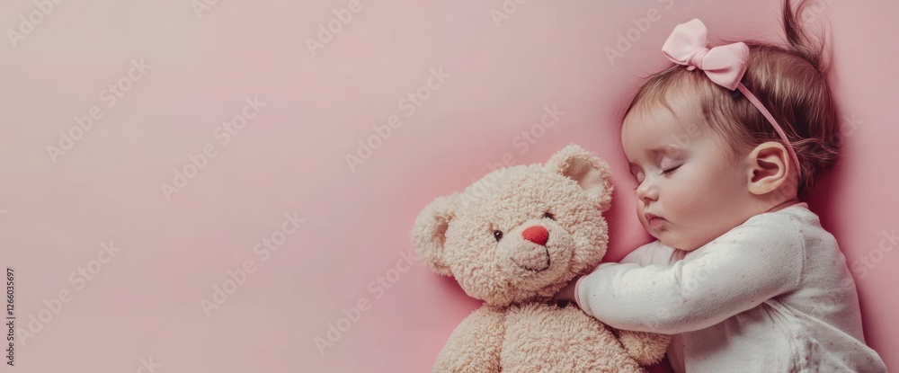 a baby sleeping with her teddy bear on a pink background, side view. Web banner with copy space on the right. a baby sleeping with her teddy bear on a pink background, side view. Web banner with copy space on the right.