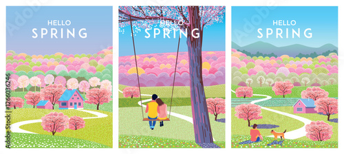Hello, spring! Set of Springtime's posters or banners. Vector illustration of nature, landscape, sakura or cherry blossom, park, trees, couple on a swing, boy with dog, fields and lawns.