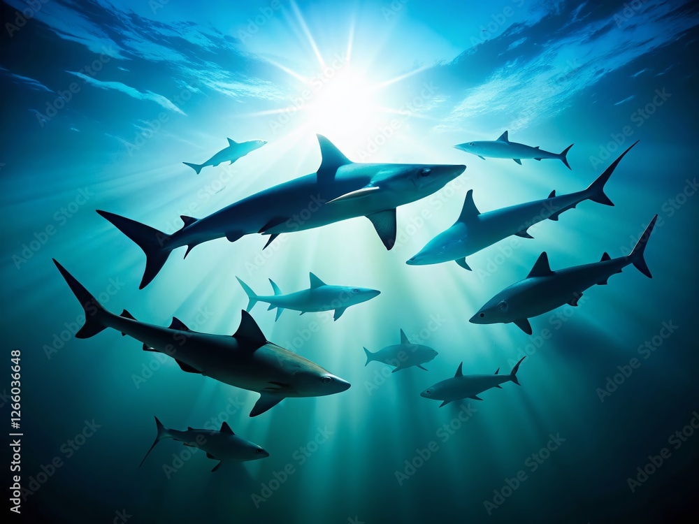 Obraz premium Powerful Shark Silhouettes Swimming, Dramatic Ocean Wildlife Stock Photo
