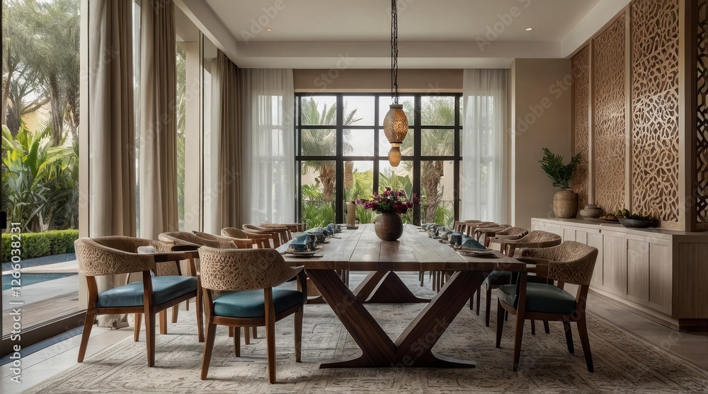 Luxury Dining Room Design with Wooden Table and Tropical Views Luxury Dining Room Design with Wooden Table and Tropical Views