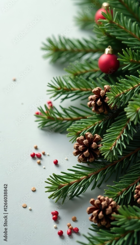 Close-up, textured fir branches and scattered pine cones, Christmas feel , seasonal, xmas, fir Close-up, textured fir branches and scattered pine cones, Christmas feel , seasonal, xmas, fir