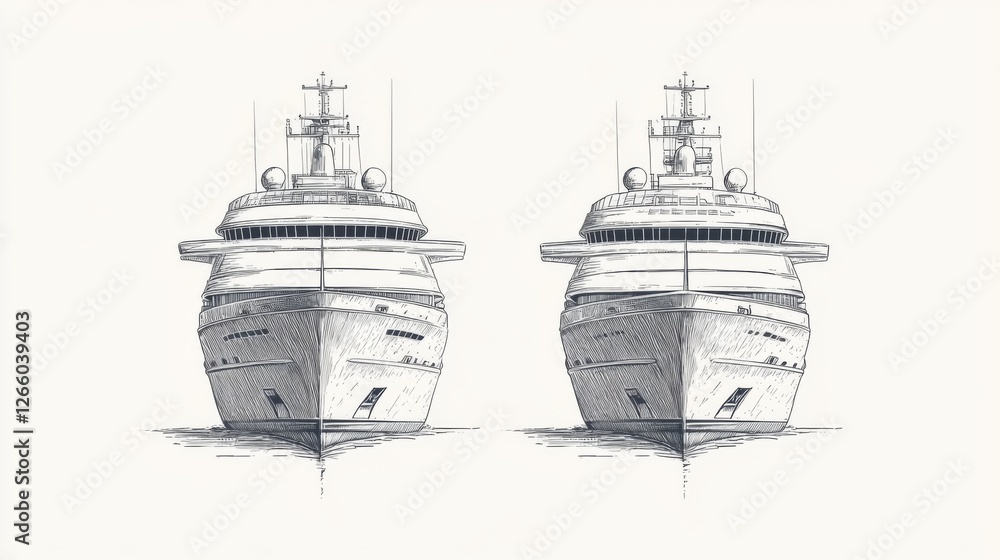 Fototapeta premium Two luxury yacht front views, detailed sketch, background white, for print or digital media