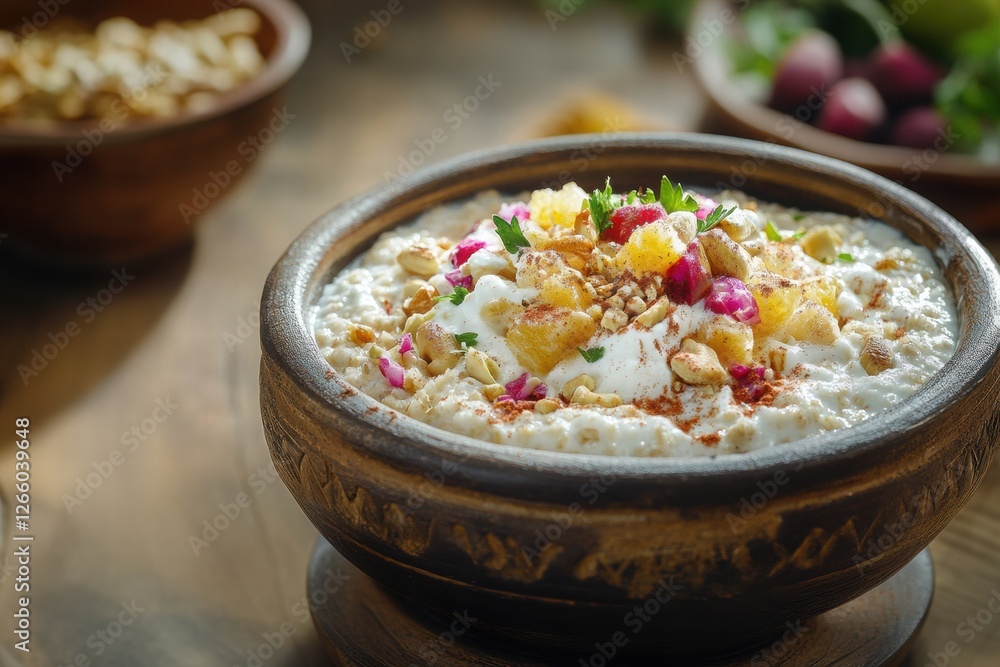 A Close-up of a Healthy Suhoor Meal in a Rustic Wooden Bowl with Yoghurt, Dried Fruit, and Spices. This breakfast dish is a traditional meal for the Islamic holiday of Ramadan A Close-up of a Healthy Suhoor Meal in a Rustic Wooden Bowl with Yoghurt, Dried Fruit, and Spices. This breakfast dish is a traditional meal for the Islamic holiday of Ramadan