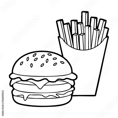 hamburger and french fries cartoon in black and white graphic design