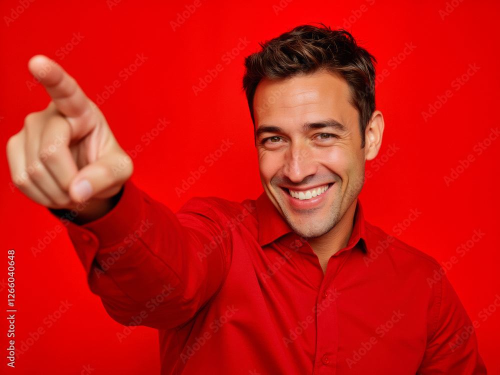 Vivid advertisement portrait photo: A man in a red shirt pointing at the camera. Vivid advertisement portrait photo: A man in a red shirt pointing at the camera.