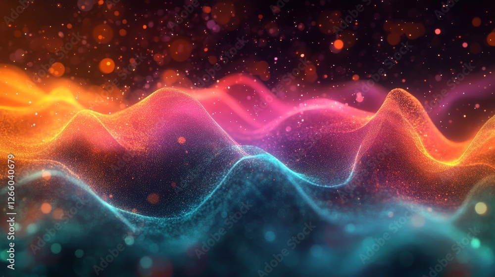Vibrant abstract landscape. Multicolored artistic terrain with soft peaks and valleys, glowing with pink, orange, yellow, and blue hues in a dreamy surreal form Vibrant abstract landscape. Multicolored artistic terrain with soft peaks and valleys, glowing with pink, orange, yellow, and blue hues in a dreamy surreal form