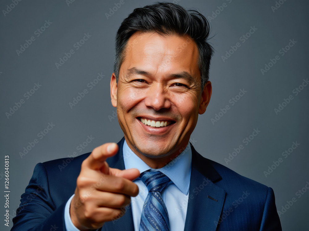 Vivid advertisement portrait photo: A man in a blue suit pointing at the camera.