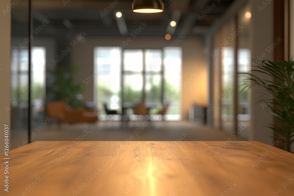 Fototapeta premium Blurred office interior background with a wooden table and modern space for product display presentation mock-up