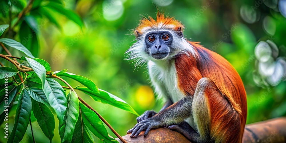 Fototapeta premium Red Colobus Monkey in Rainforest Canopy - Wildlife Photography