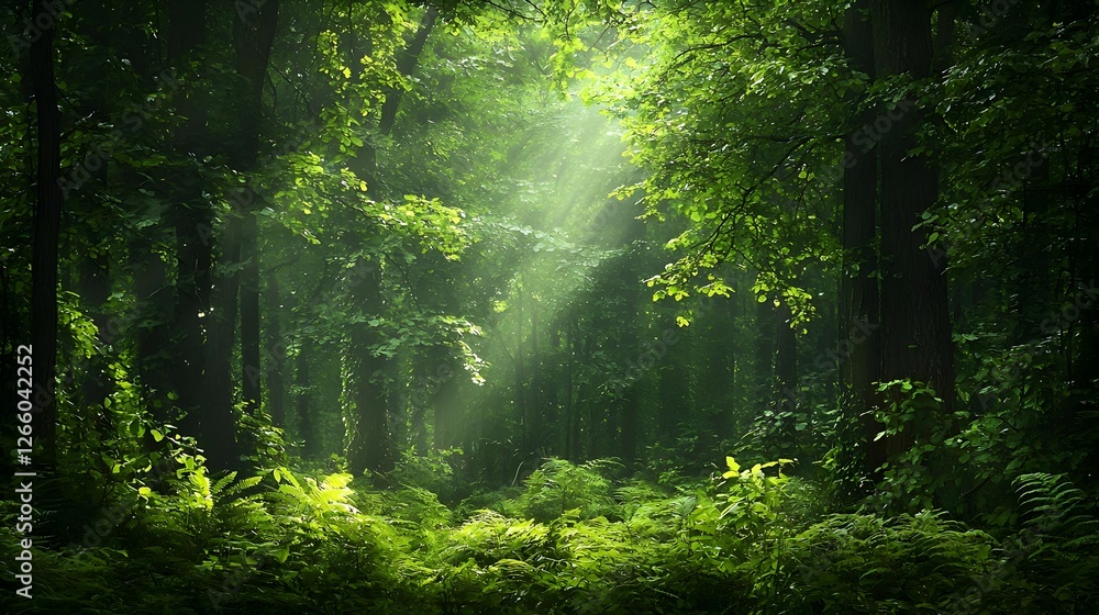 Obraz premium Sunlit Green Forest With Lush Undergrowth
