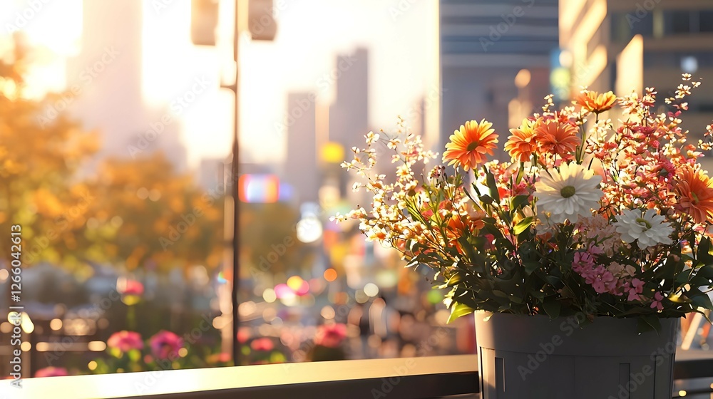 Fototapeta premium Vibrant Flower Bouquet at Sunset in Urban Setting