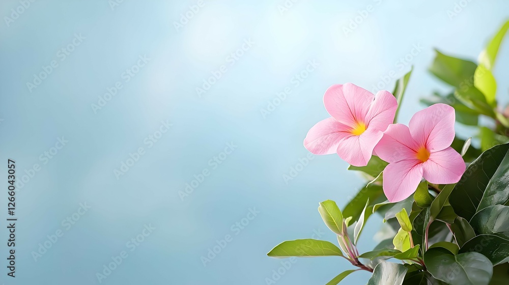 Fototapeta premium Two Pink Flowers on a Branch Against a Light Blue Background