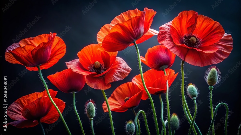 Obraz premium Red Poppy Flowers on Black Background - Elegant Floral Portrait Photography