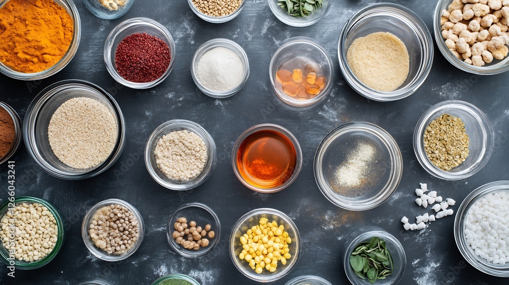 Top down perspective of an academic study area with a focus on food ingredient analysis and development Top down perspective of an academic study area with a focus on food ingredient analysis and development