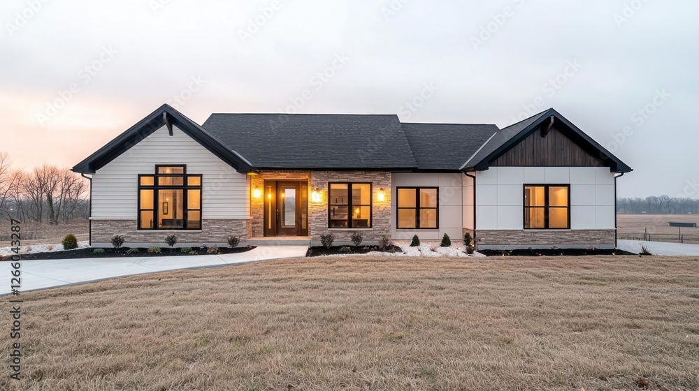 Modern Farmhouse Exterior at Twilight Modern Farmhouse Exterior at Twilight