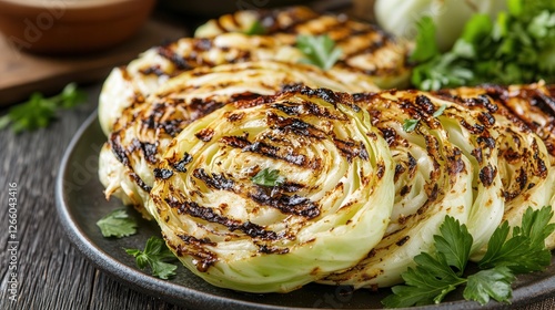 Grilled cabbage steaks with charred edges drizzled with olive oil and balsamic glaze enhance rustic dining experience