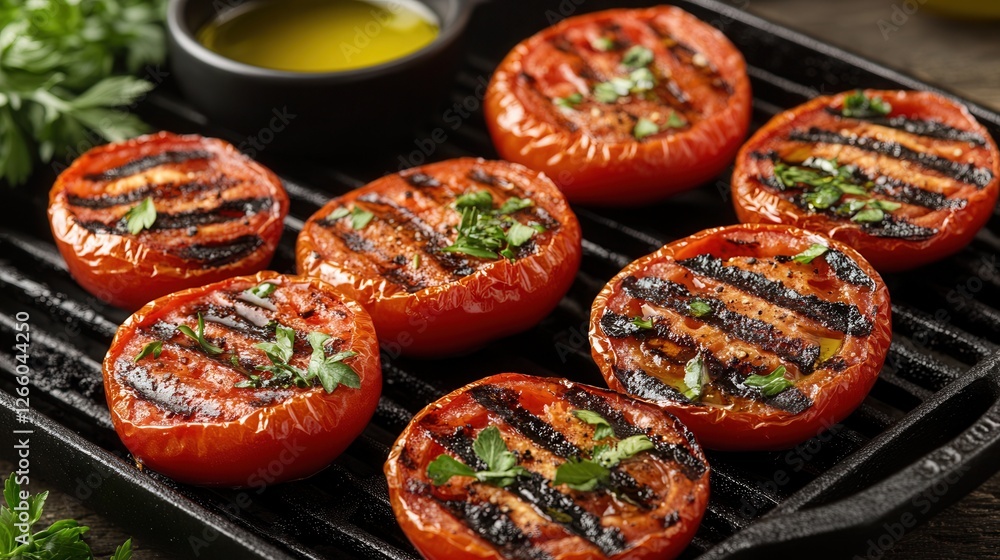 Grilled tomato halves with char marks resting on a cast-iron grill surrounded by herbs and olive oil for summer barbecues Grilled tomato halves with char marks resting on a cast-iron grill surrounded by herbs and olive oil for summer barbecues